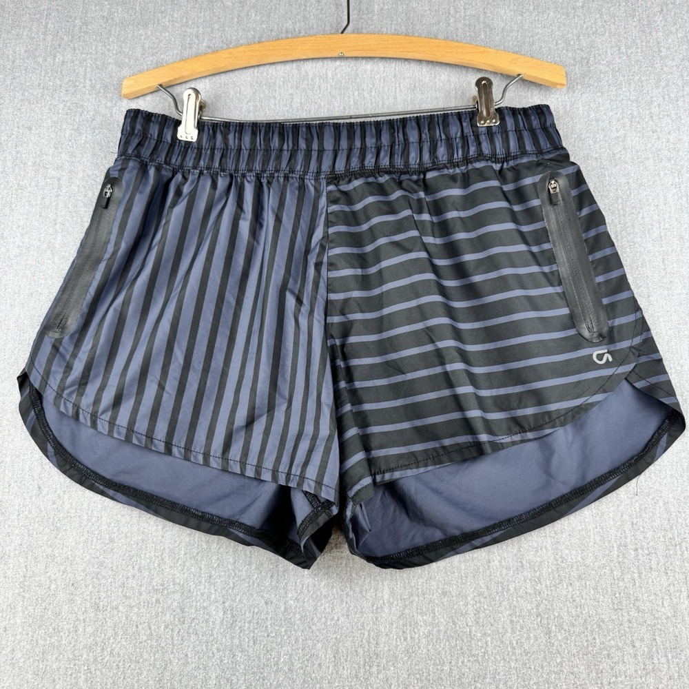 GapFit Running Shorts Womens M Black Blue Striped Zip Pocket Athletic